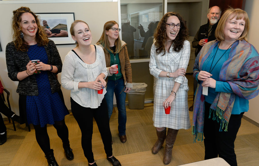 Digital news editor Rachel Piper, left; reporters Jessica Miller, Erin Alberty and Alex Stuckey; along with Managing Editor Sheila McCann celebrate winning the 2017 Pulitzer Prize for Local Reporting. (Francisco Kjolseth, The Salt Lake Tribune)