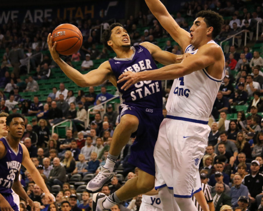 Junior guard Jeremy Senglin drives into the lane against the BYU defense. (Gabe Cerritos / The Signpost)
