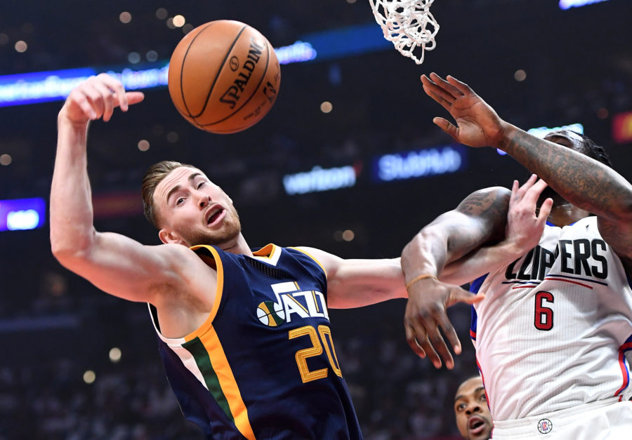The Los Angeles Clippers DeAndre Jordan (6) battles the Utah Jazz Gordon Hayward for a rebound in the first half of Game 1 in the Western Conference quarterfinals at Staples Center in Los Angeles on Saturday, April 15, 2017. (Wally Skalij/Los Angeles Times/TNS)