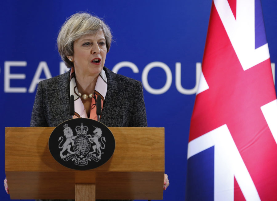 British Prime Minister Theresa May addresses a press conference at the end of the first day of the EU spring summit on March 9, 2017 in Brussels, Belgium. (Ye Pingfan/Xinhua/Sipa USA/TNS)