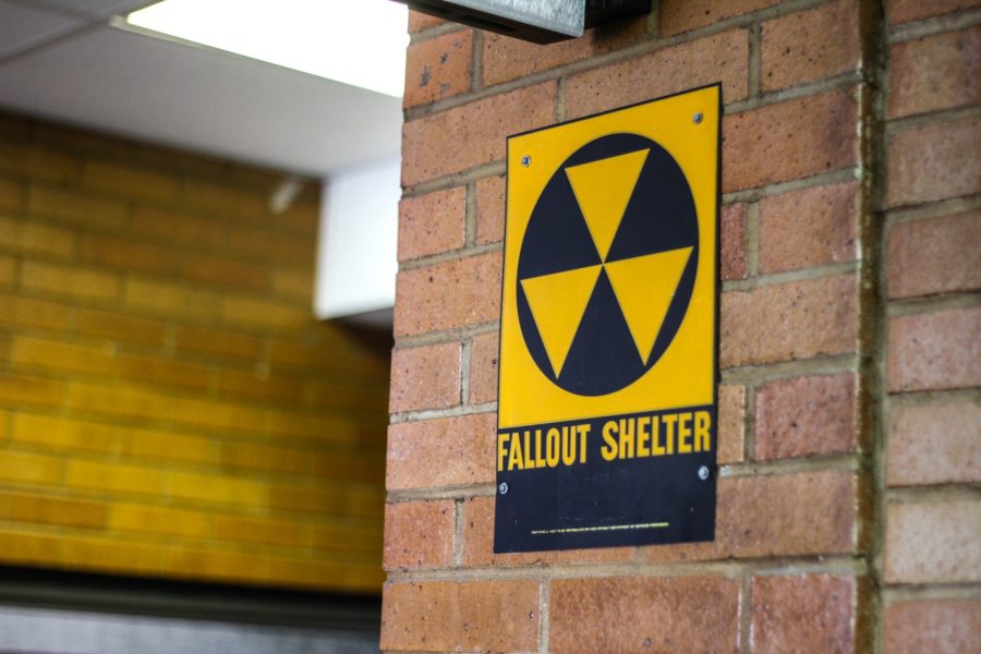 Fallout shelter sign in the Technical Education Building at Weber State. (Sara Parker / The Signpost)