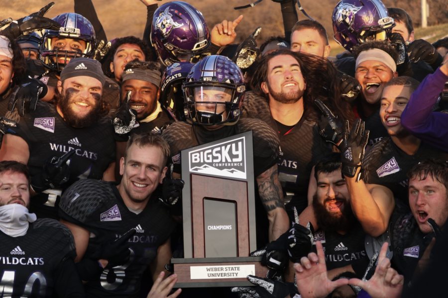 Weber State celebrates with the Big Sky Championship trophy after beating Idaho State (Abby Van Ess) Photo credit: Abby Van Ess