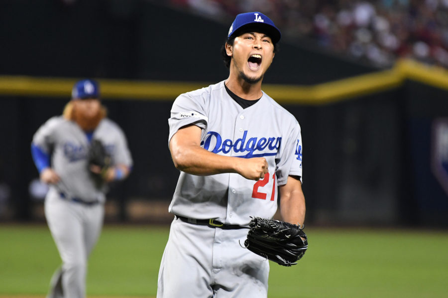 Dodgers pitcher Yu Darvish reacts after striking out Diamondbacks batter J.D. Martinez to end the fourth inning in Game 3 of the NLDS at Chase Field Monday, Oct. 9, 2017 in Phoenix, Ariz. The Dodgers won 3-1. (Wally Skalij/Los Angeles Times/TNS)