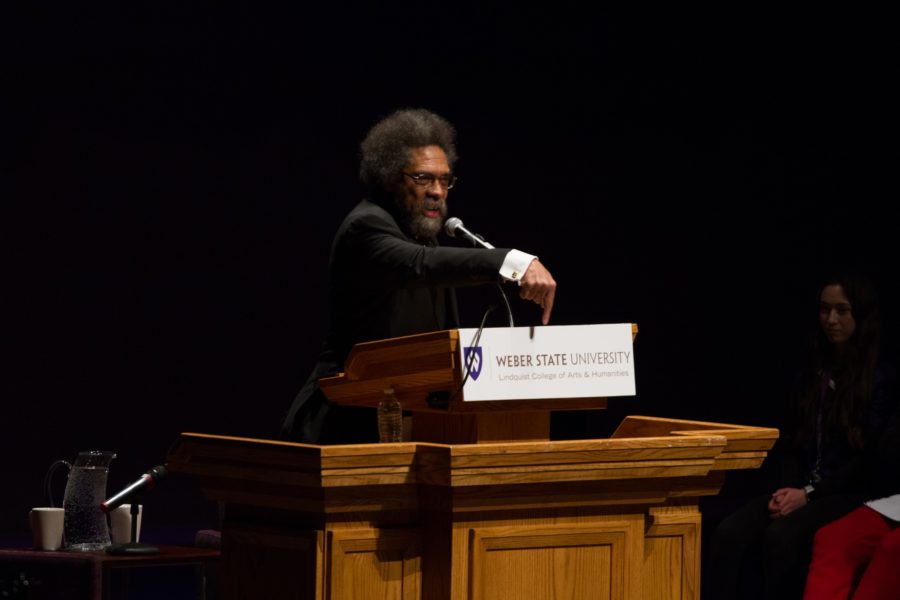 Cornel West speaking at Civility in Modern Times, an event put on by the Diversity Office on Jan 12, at the Browning Center. (Joshua Wineholt / The Signpost)