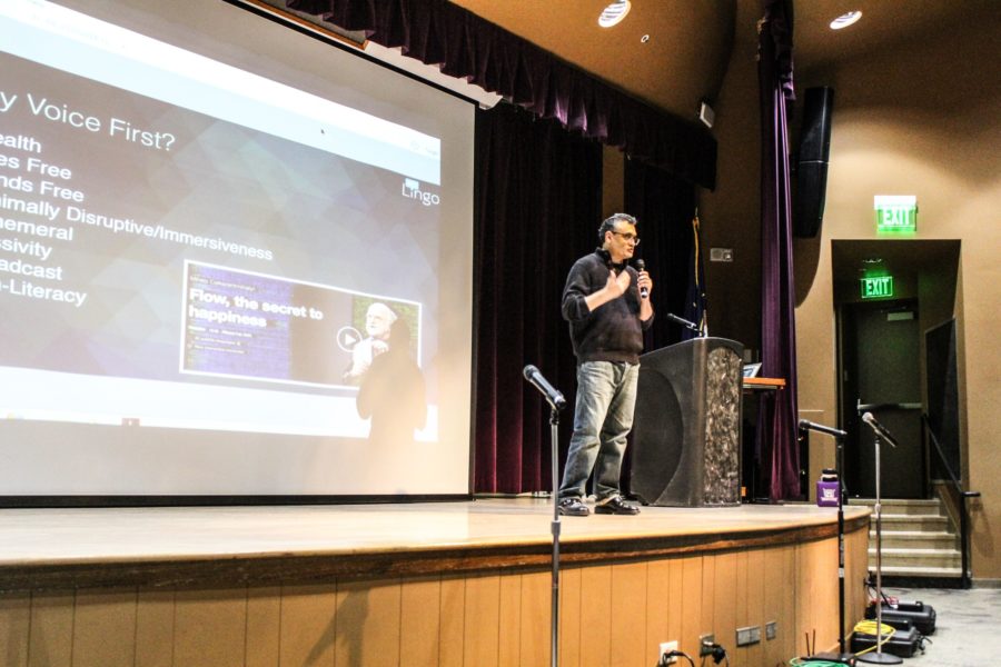 Ahmed Bouzid, CEO at Witlingo, talks to the audience about the benefits of voice first during his lecture on Jan. 26 as a part of Lingofest. Photo credit: Chloe Walker