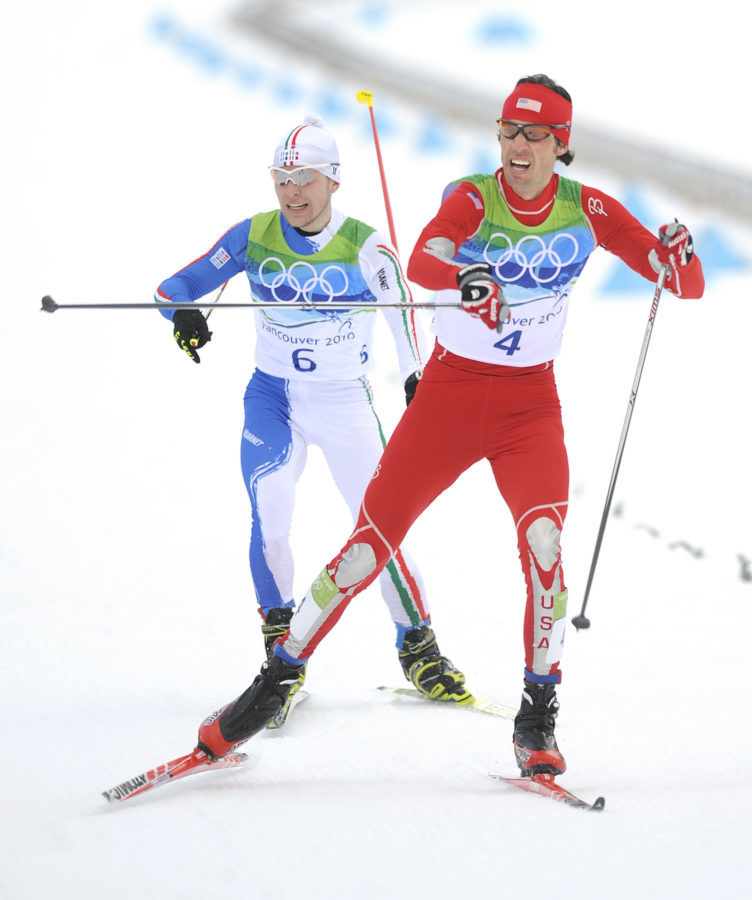 The USAs Johnny Spillane, right, and Italys Alessandro Pittin look over as Frances Jason Lamy Chappuis passes them to win the gold medal in the 10k cross country race of the Nordic Combined at the 2010 Winter Olympics in Whistler, British Columbia, Canada, Sunday, February 14, 2010. Spillane won the silver. (Wally Skalij/Los Angeles Times/MCT)
