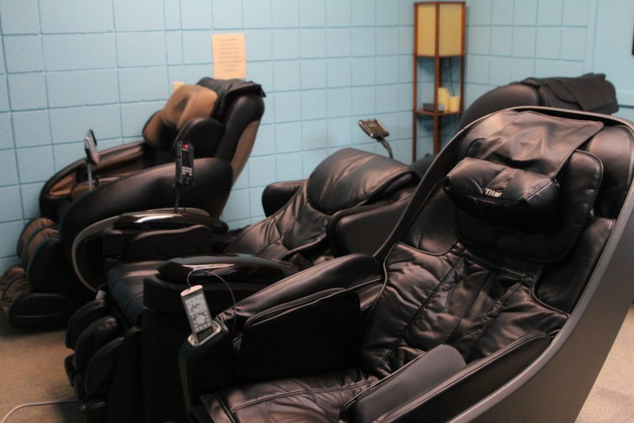 Massage chairs in the Stress Relief Center at the Swenson Gym. (Sara Parker / The Signpost)