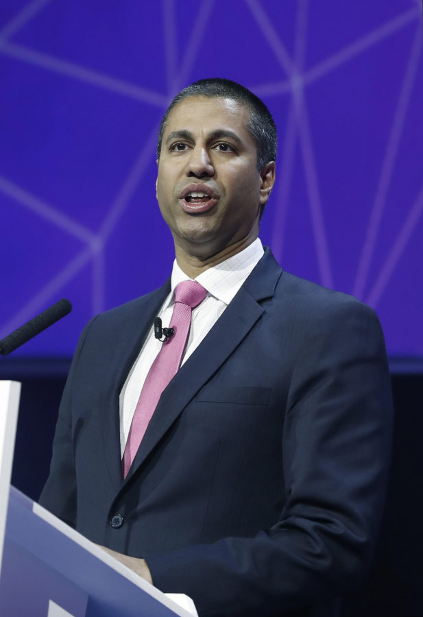 Chairman of the United States Federal Communications Commission (FCC), Ajit Pai, gives a speech during a conference at the Mobile World Congress (MWC) held in Barcelona, northeastern Spain, Feb. 28, 2017. (Andreu Dalmau/EFE/Zuma Press/TNS) Photo credit: Tribune News Service