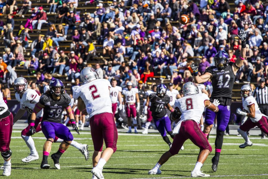 Weber player forty two attempting to intercept throw by Montana quarterback (Sara Parker / The Signpost)