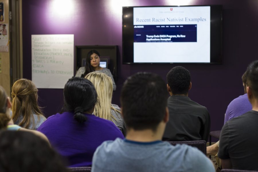 PhD Candidate Liliana E. Castrellon talks details pertaining to immigration. (Kelly Watkins / The Signpost)