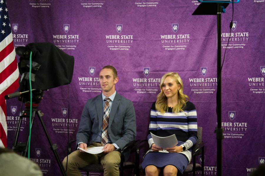 John Keeffer and Makall Larsen were the main hosts of the live fact check at Weber State University. (Kelly Watkins / The Signpost)