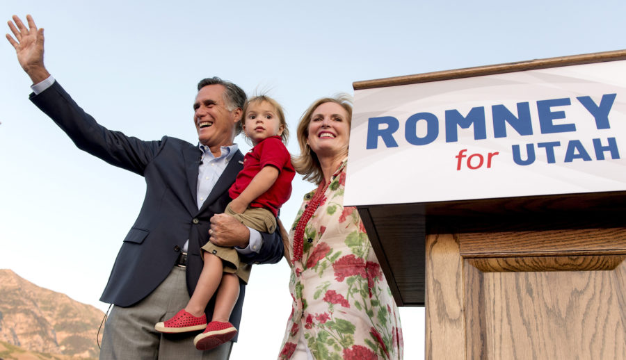 Mitt Romney and Ann Romney celebrate onstage after Mitt was declared the winner of the 2018 Utah Republican Senate Primary on June 26 in Orem, Utah. Romney has won a U.S. Senate seat in Utah. (Brian Cahn/Zuma Press/TNS)