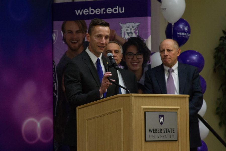Dr. Brad Mortensen adressing the crowd after being named Weber State Universitys 13th President on Dec. 6, 2018 (Harrison Epstein/The Signpost)
