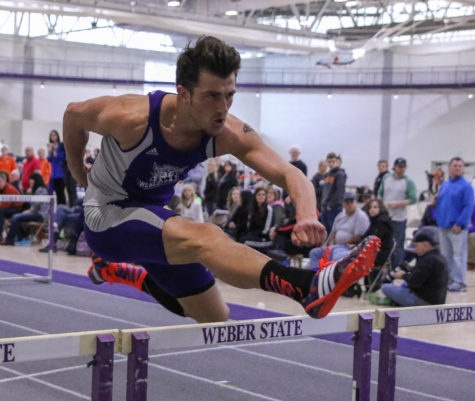 Sophomore Keaton Pace ran the 55m hurdles with a time of 8.68 seconds, finishing 12th in prelims. (Gabe Cerritos / The Signpost)