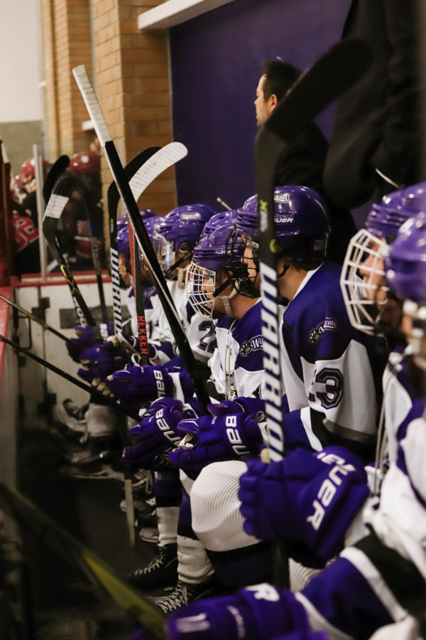 Weber State Hockey players wacthing their teammates from the sidelines.
