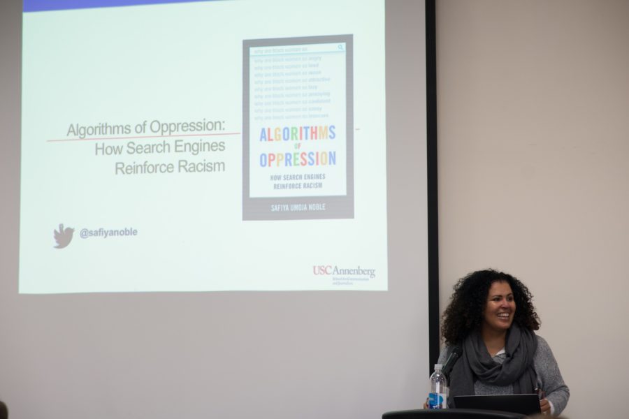 Guest speaker Safiya Noble, associate professor at UCLA, speaks about the subject matter tackled in her book.(Joshua Wineholt / The Signpost)
