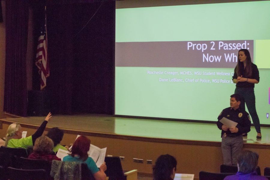 The audience was able to see the current facts on proposition 2. (Kelly Watkins / The Signpost)