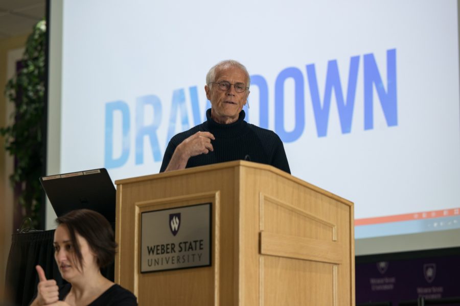 Paul Hawken, entrepreneur and author, delivers the keynote address of the conference. (Joshua Wineholt / The Signpost)
