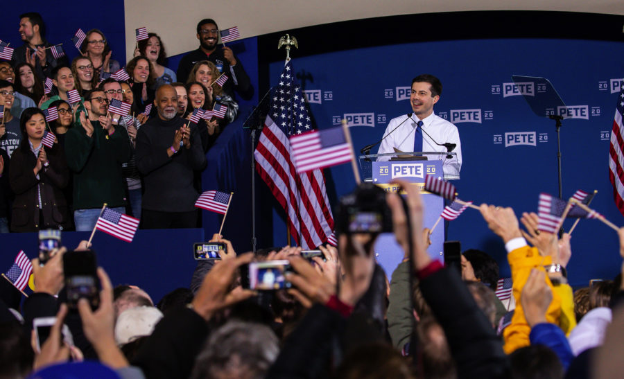 South Bend Mayor Pete Buttigieg holds a rally to announce his run for president in the 2020 election on Sunday, April 14, 2019 at Studebaker Building 84 in downtown South Bend, Ind. (Zbigniew Bzdak/Chicago Tribune/TNS)