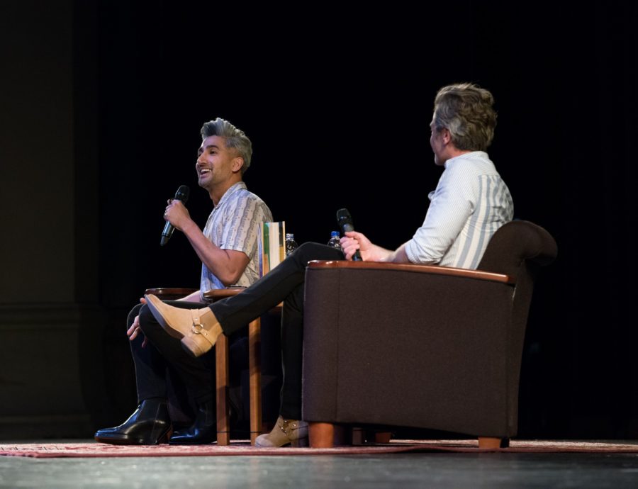 Tan France speaks to a sold-out theater about the issues he tackles in his book. (Joshua Wineholt / The Signpost)