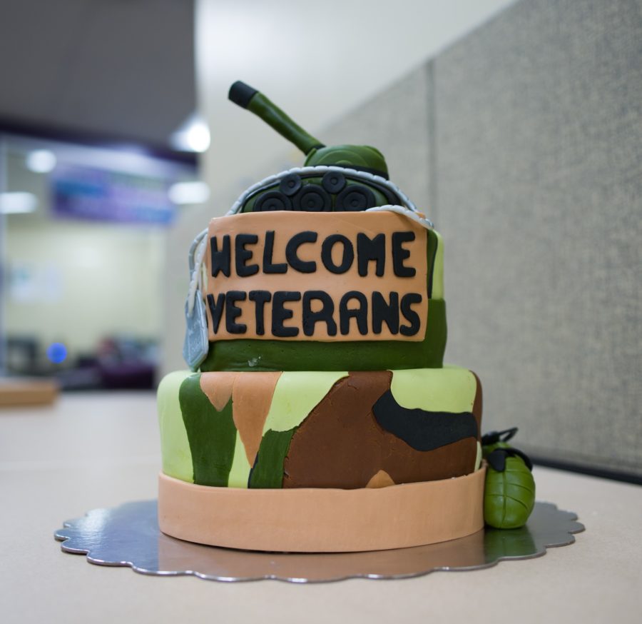 A specially-made cake welcoming Veteran Services to its new home in the Nontrad Center. (Joshua Wineholt / The Signpost)