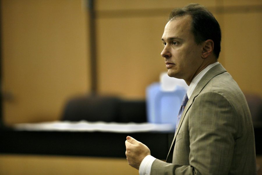 Attorney Spencer Kuvin argues before Judge Donald Hafele in this 2009 photo at the Palm Beach County Courthouse for the inspection of Palm Beach billionare Jeffrey Epsteins penis. Kuvin claimed that it would be necessary to corroborate witness testimony that Epstein has an egg-shaped penis. Harele ultimately declined the request. [BRANDON KRUSE/PALMBEACHPOST.COM]