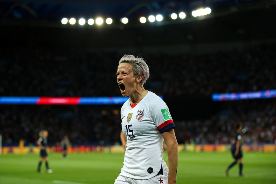 Megan Rapinoe of the USA celebrates after scoring her teams second goal during the World Cup quarterfinal against France at Parc des Princes in Paris on June 28, 2019. (Richard Heathcote/Getty Images/TNS) **FOR USE WITH THIS STORY ONLY**