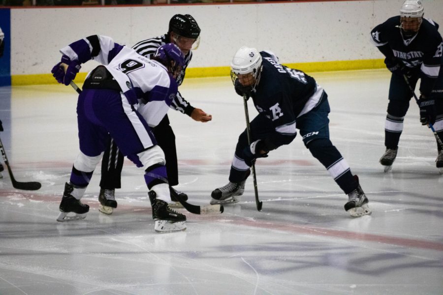 Weber State and Utah State face off for the puck drop. (Kalie Pead/ The Signpost)