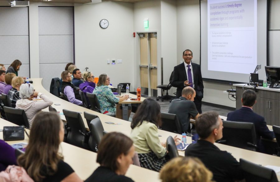 Candidate for Provost, Ravi Krovi, talks about student success in Lindquist Hall (Robert Lewis / The Signpost)