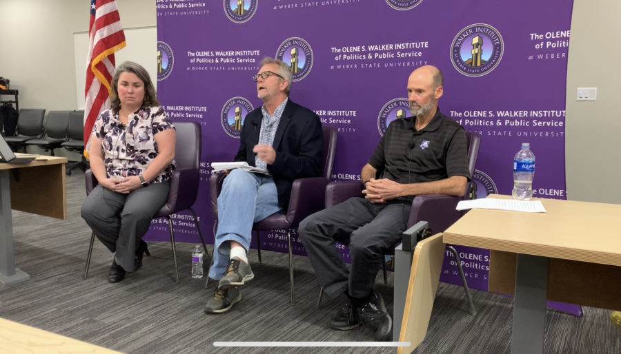 WSU Political Science professors Leah Murray (left), Gary Johnson (center) and Thom Kuehls (right) discuss the history and process of impeachment.