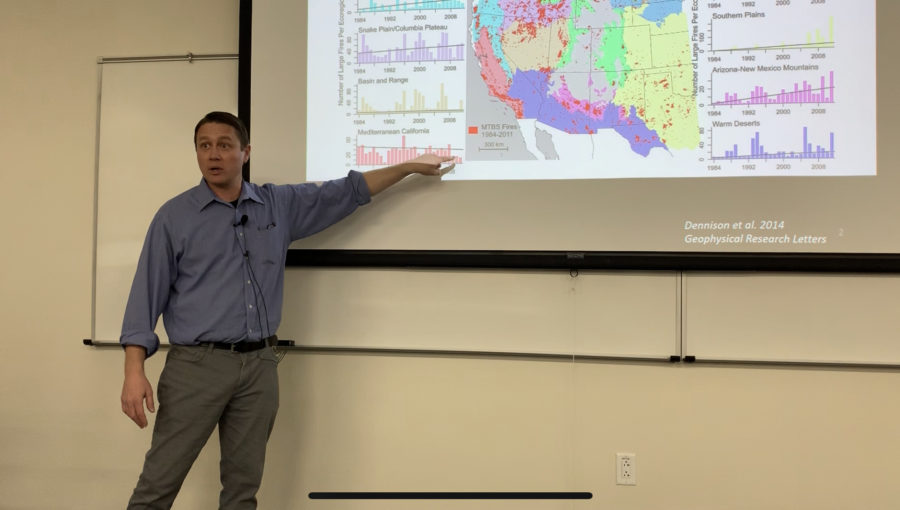 Dr. Jesse L. Morris addresses WSU students about Utah forest management. (Francisco Ruiz / The Signpost)