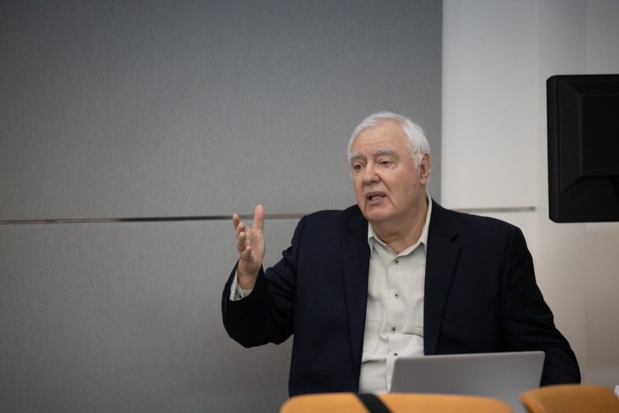 S. Dorian Chelaru, owner and president of Transoceanic, LLC, USA, speaks at Weber State University about the Multi-Million Tons Freshwater Transporter. (Robert Lewis / The Signpost)