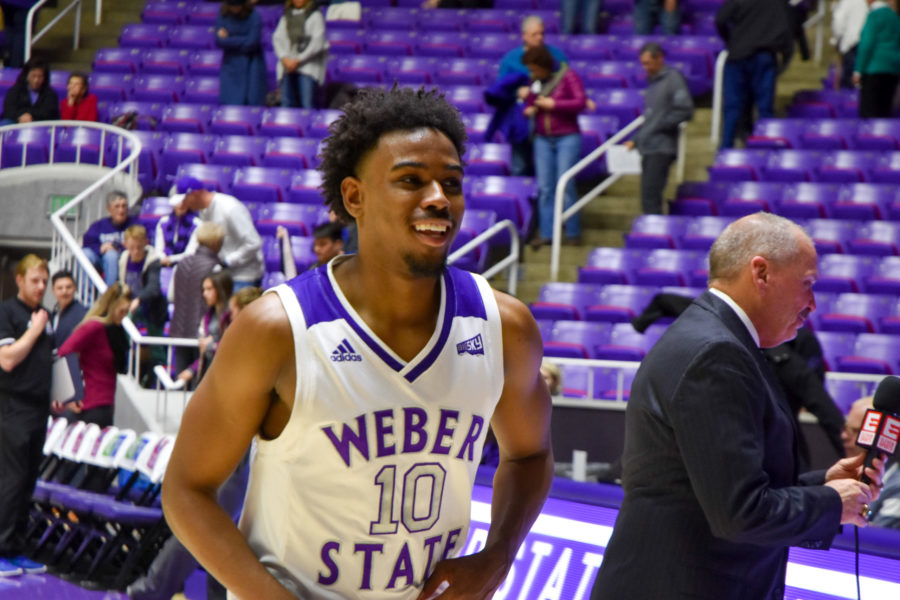 Jerrick Harding breaks the record for the most points in Weber States history, during the Sacremento game on February 6, 2020.  Nikki Dorber / The Signpost