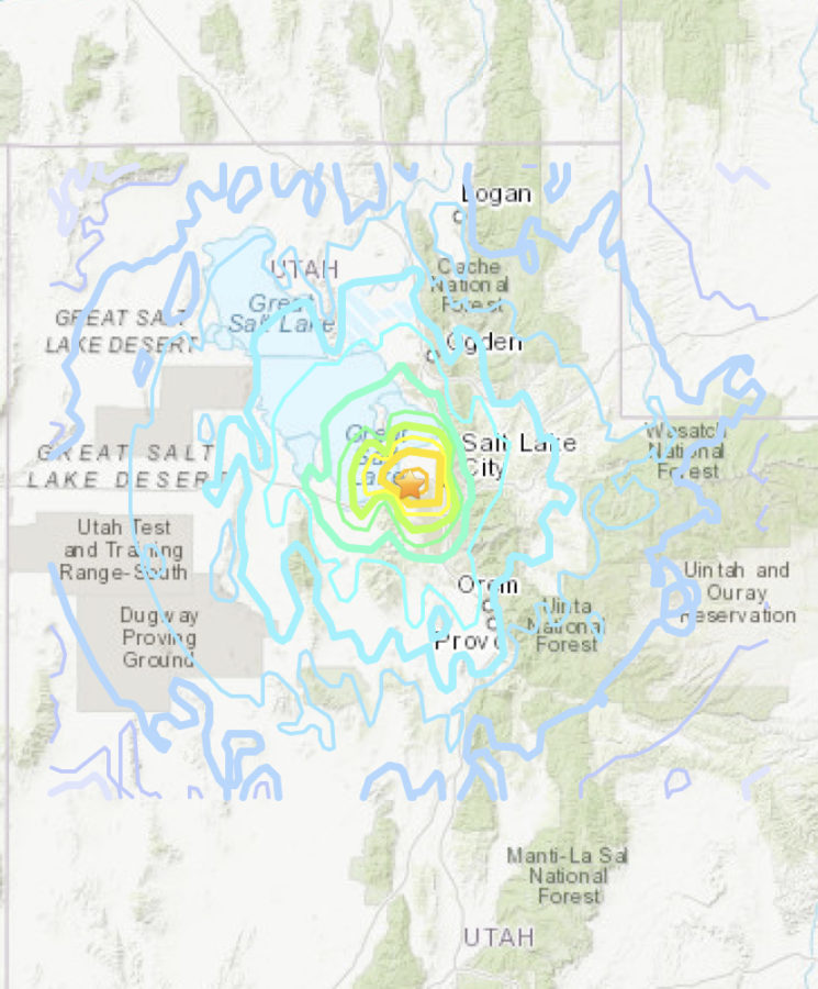 Map of the earthquakes impact across Utah (Screenshot taken from the USGS website)