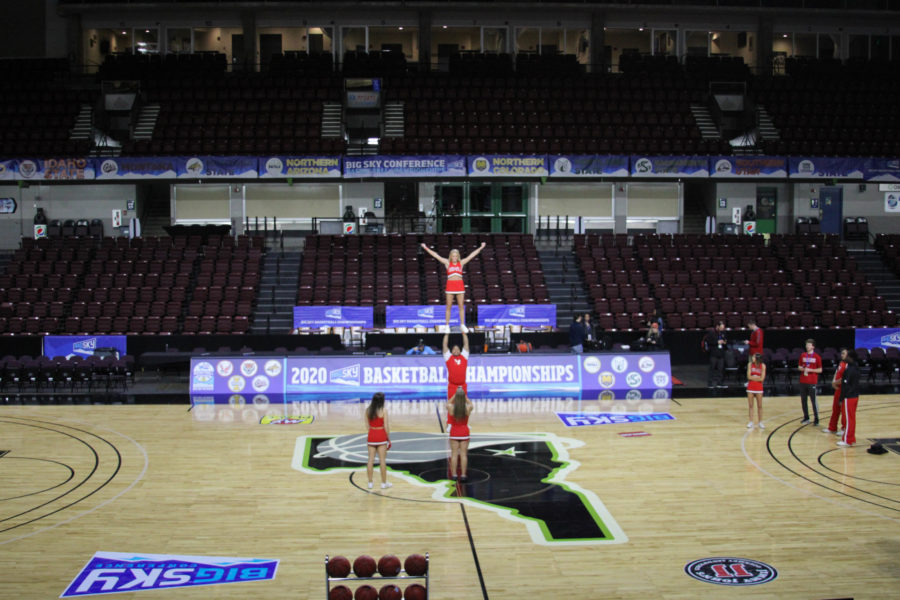 The morning of March 12, the CenturyLink arena was empty expect for staff and the Eastern Washington Cheerleaders. (BriElle Harker / The Signpost)