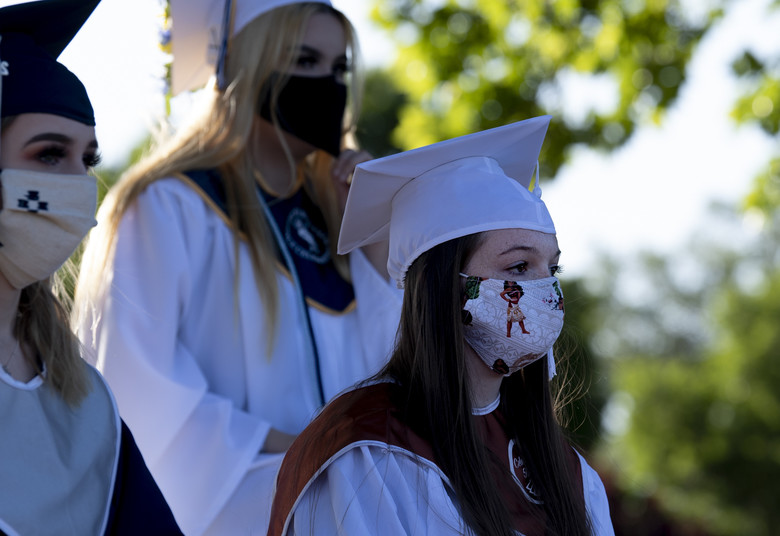 Graduates wait for the ceremony to begin on Kirtland Air Force Base, New Mexico, May 21. Team Kirtland hosted a graduation ceremony for graduating seniors to honor their accomplishments amid COVID-19. (U.S. Air Force photo by Airman 1st Class Ireland Summers)