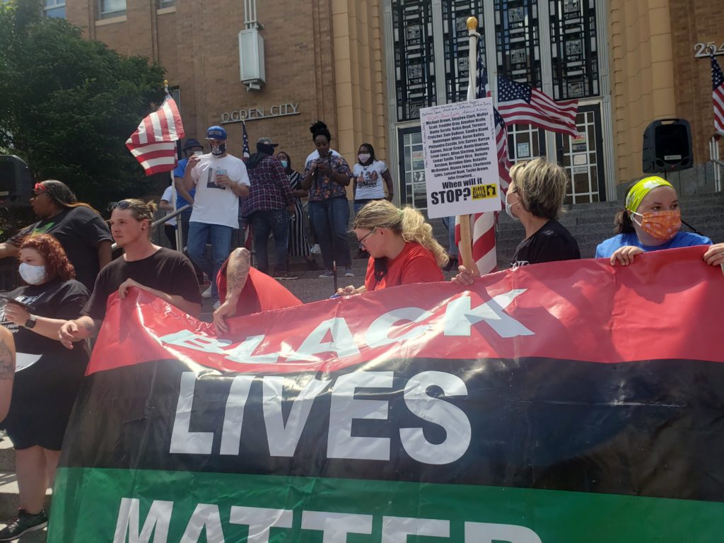 A Black Lives Matter protest takes place on the steps of the Weber Municipal Building in Ogden, Utah on May 30. (Francia