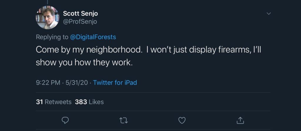 One of the Twitter replies by Professor Scott Senjo that have caused his resignation on June 3.  Screenshot taken 12:01 a.m. on June 1. (Twitter).