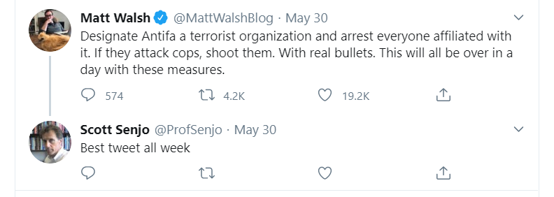 One of the replies from the Twitter user @ProfSenjo, and presumed account of WSU Criminal Justice Professor Scott Senjo, that have caused calls for the professor to be fired across social media.