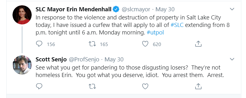 One of the Twitter replies by Professor Scott Senjo that have caused his resignation on June 3.  Screenshot taken 12:37 a.m. on June 1. (Twitter).