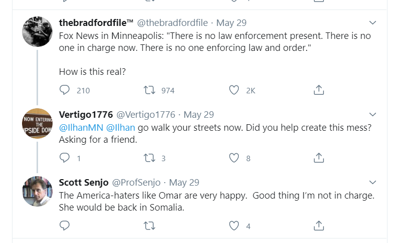 One of the Twitter replies by Professor Scott Senjo that have caused his resignation on June 3.  Screenshot taken 12:37 a.m. on June 1. (Twitter).