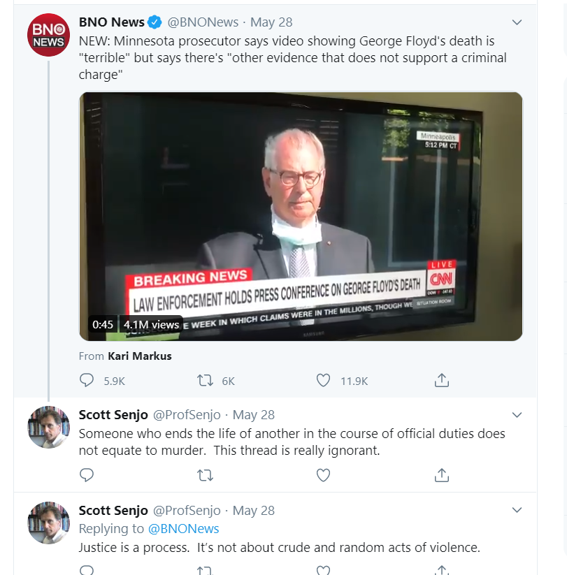 One of the Twitter replies by Professor Scott Senjo that have caused his resignation on June 3.  Screenshot taken 12:37 a.m. on June 1. (Twitter).