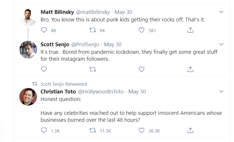 One of the Twitter replies by Professor Scott Senjo that have caused his resignation on June 3.  Screenshot taken 12:37 a.m. on June 1. (Twitter).