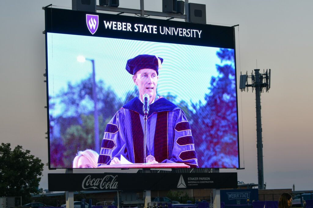 President Mortenson giving words of praise at WSU's 2020 Graduation, which consisted of both in person and virtual speakers. (Nikki Dorber / The Signpost)