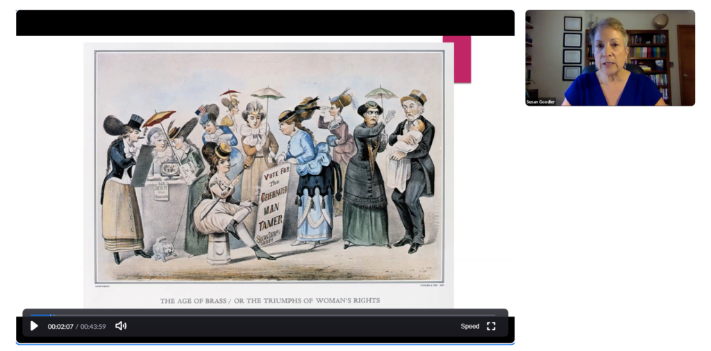 Goodier showed her favorite suffrage political cartoon, titled "Age of Brass/or the Triumphs of Women&squot;s Rights."