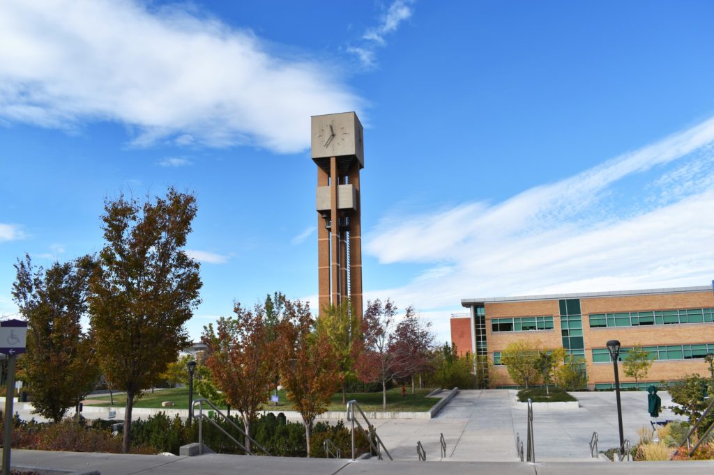 View of the clock tower and the clear air behind it at Weber State University. (Paige McKinnon/ The Signpost)