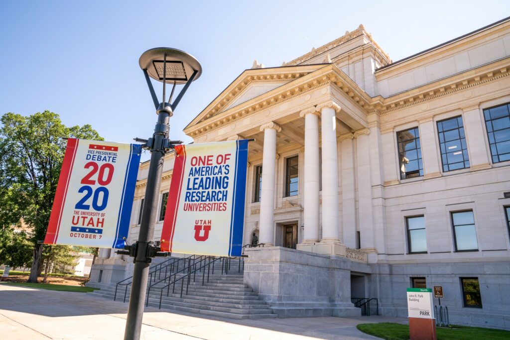 The University of Utah displays signs for the VP Debate on Oct. 7.