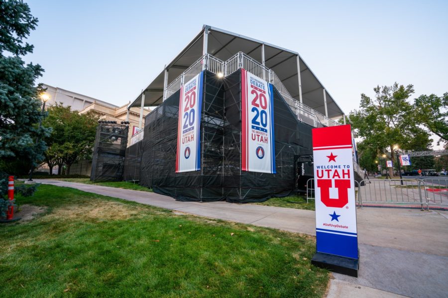 The University of Utah displays signs for the VP Debate on Oct. 7. Photo credit: University of Utah