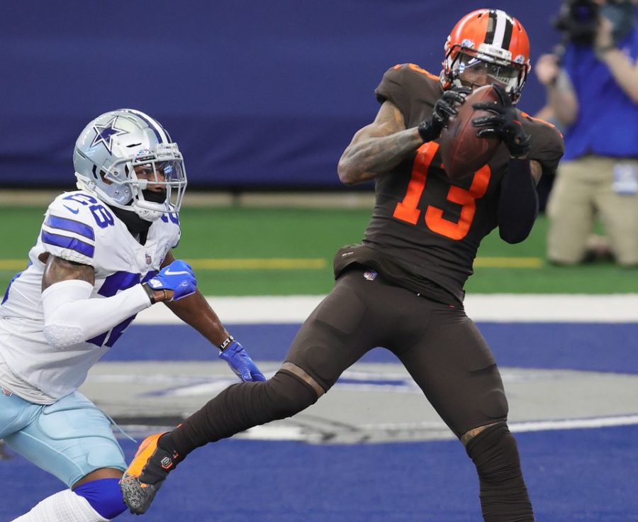 Cleveland Browns wide receiver Odell Beckham Jr. hauls in a touchdown reception defended by Dallas Cowboys cornerback Daryl Worley in the first half of the Oct. 4 game at AT&T Stadium.