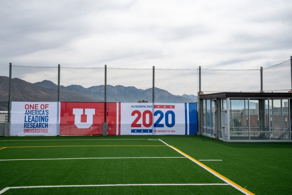 The University of Utah displays signs for the VP Debate on Oct. 7.